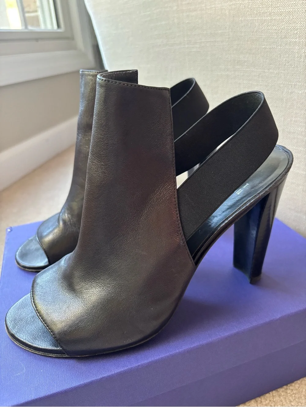 Stuart Weitzman Fronton Black Open-Toe Slingback High Heels